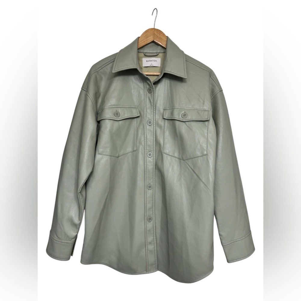 Babaton Faux Leather Shirt Jacket in Sage Green – Size M